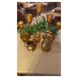 5 CANDLE DISPLAY, GOLD GLASSWARE AND 2 BRASS