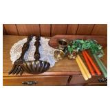 3 BRASS CONTAINERS, CERAMIC FORK AND SPOON ,