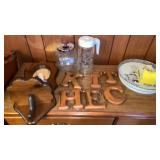 WOODEN LETTERS, WALL MIRROR, CANISTER, JUICE