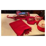 3 HUSKER HATS, UMBRELLA ,CUP, SCARF AND RAIN GEAR