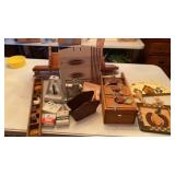 WOODEN SHELVING AND DECORATIONS , VINTAGE TINS,