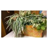 BOX OF FAKE GREENERY CERAMIC AND A BRASS VASE AND