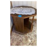 OCTAGON END TABLE WITH DOILY AND  OPEN IN BASE
