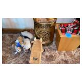 2 WASTE BASKETS, THROW AND DOGGY TOYS