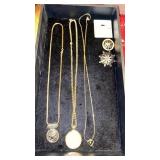 EARRINGS, BROOCHES AND 3 LONG NECKLACES