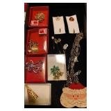 CHRISTMAS PINS, STICK PINS AND LONG NECKLACE