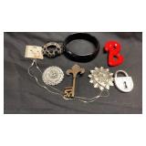 BROOCHES, BRACELET AND 18 IN CHAIN