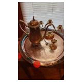 SILVER TEAPOT AND LARGE TRAY- CANDLE STICK