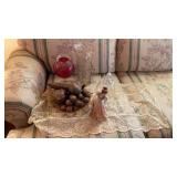 FIGURINE, GLASSWARE, BOWL OF WOODEN FRUIT AND