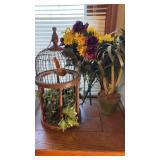 WOODEN BIRD HOUSE, FAKE PLANT AND FLOWERS