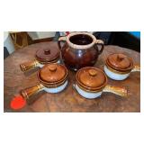 BEAN POT, NO LID AND 4  SOUP BOWLS