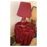 PARTICLE BOARD TABLE WITH LAMP AND TABLE CLOTH