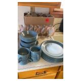 SET OF FOUR PLATES, CUPS, BOWLS BLUE AND