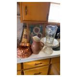 CAKE PLATE, JELLLO MOLDS, PITCHERS , WALL DECOR