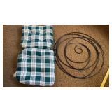 2 CUSHIONS AND METAL WALL HANGING -25 IN