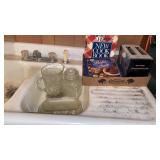 TOASTER, COOK BOOKS AND GLASSWARE