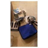 SCALE, TOASTER, POT HOLDERS, POT- PANS AND PYREX