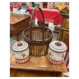 Wood Basket and Ceramic Canisters