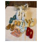 8 pr doll shoes, plastic, rubber, cloth, wood