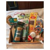 Misc lot shoe laces, cigar box