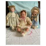 3 dolls, porcelain & plastic 15' tallest