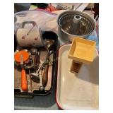 Misc kitchen items, pans, flour sifter,enamel