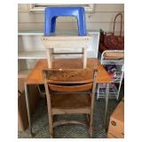 Vintage school desk, chair, plastic & wooden stool