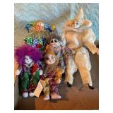 5 Clown dolls, porcelain & China, 10' tallest