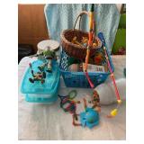 Misc. toys, balls, fishing rod, figures, m