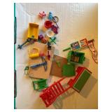 Play mobile doll house items, wheelbarrow, sled,