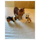 2 Bone china dogs & 1 wood carved dog, 3