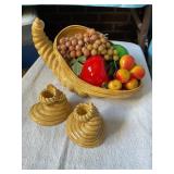 Ceramic cornucopia & candle holder, apple & pear