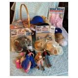 Bear & Doll clothes, hats, basket w/ hot mits, etc
