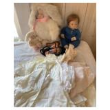 4 dolls, porcelain, plastic & doll clothes 12'