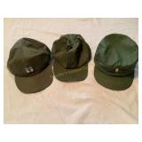 3 Military caps, olive green, patrol, captain, etc