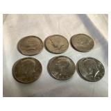 6 Kennedy half dollars- 1971, 72, 77D, 79, (2) 80D