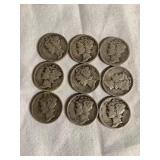 9 Mercury dimes, 1941 S & 1 1943