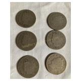 6 Liberty Head V nickels, 1898, 1899