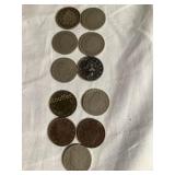 11 Liberty Head V nickels, 1903, 1904, 1905,