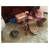 Misc lot- glass bowl 12'D, home decor, ashtrays,