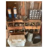 Shelves w/ contents, bring tools, plumbing, oil