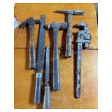 Misc tools, hammers, metal files, pipe wrench,