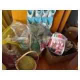 Misc holiday decor, baskets, Santa suit,