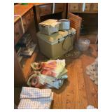 Contents only of 3 cabinets, tablecloths,