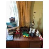 Misc lamp, plastic nativity, bench seat, cover,