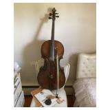 Cello w/ sheet music, cloth case etc, shows wear
