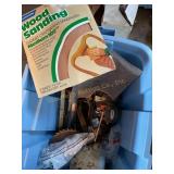 Tote w/Misc metal, sandpaper, lamp-not tested, etc