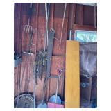 Misc yard tools, 2 man cross cut saw, fire hose,