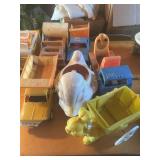 6 plastic trucks, duck, etc, show wear