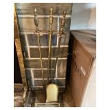 Brass fireplace set, shovel, poker, broom and